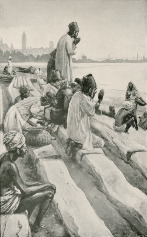 Parsis imádja a felkelő napot a tengerparton, Bombayben alkotó: Walter Stanley Paget