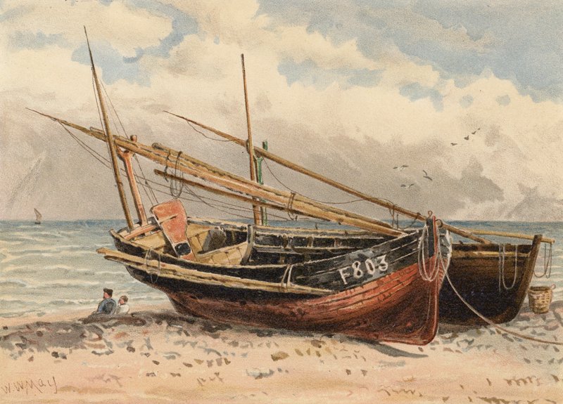 Francia halászhajók, "Etretat" (színes litográfia) alkotó: Walter William May