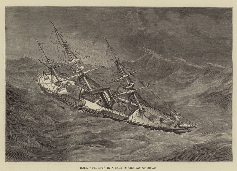 HMS Urgent egy Gale-ben a Vizcayai-öbölben alkotó: Walter William May