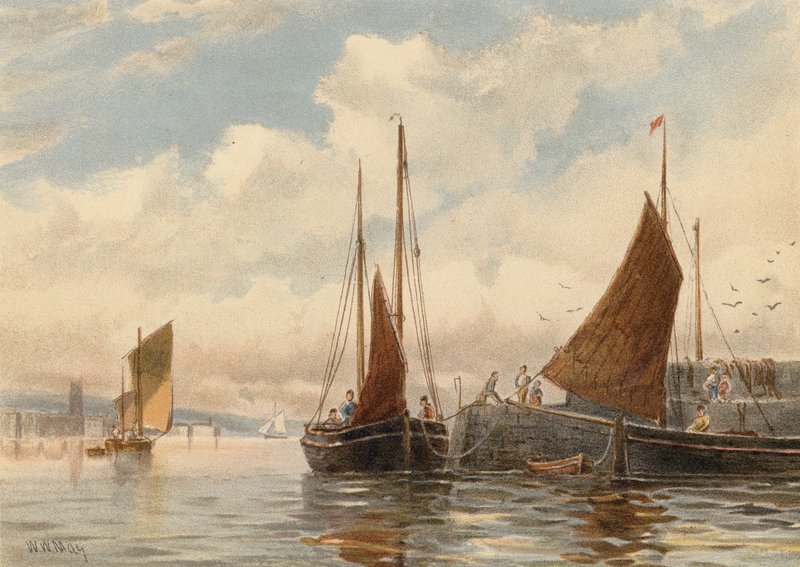 Penzance Luggers Newlynben (színes litográfia) alkotó: Walter William May