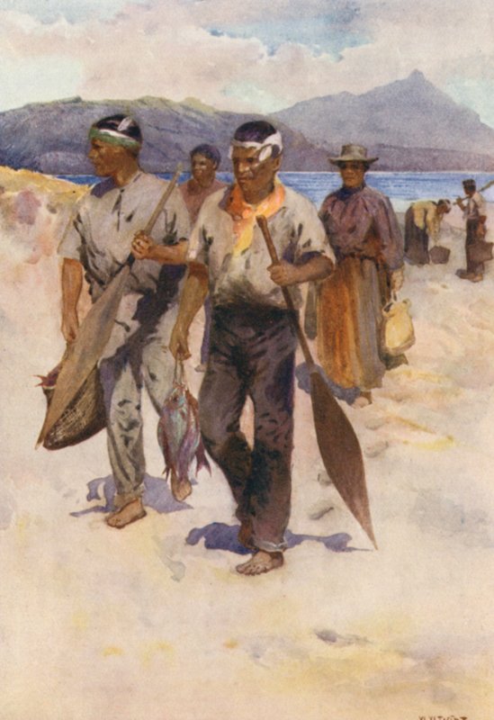 Új-Zéland: Maori Fishing Party (színes litográfia) alkotó: Walter Wright