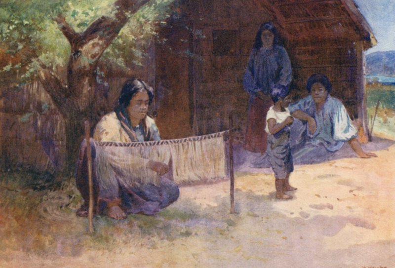 Új-Zéland: Kaitaka szövése (színes litográfia) alkotó: Walter Wright