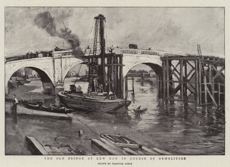 A kew-i Old Bridge most bontás alatt áll alkotó: Warwick Goble