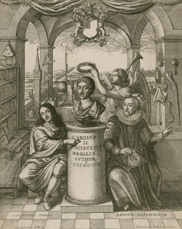II. Károly mellszobra Lord Brounckerrel (balra), a Királyi Társaság első elnökével és Francis Baconnal (jobbra). alkotó: Wenceslaus Hollar
