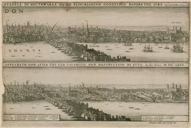 London, a nagy tűzvész előtt és után alkotó: Wenceslaus Hollar
