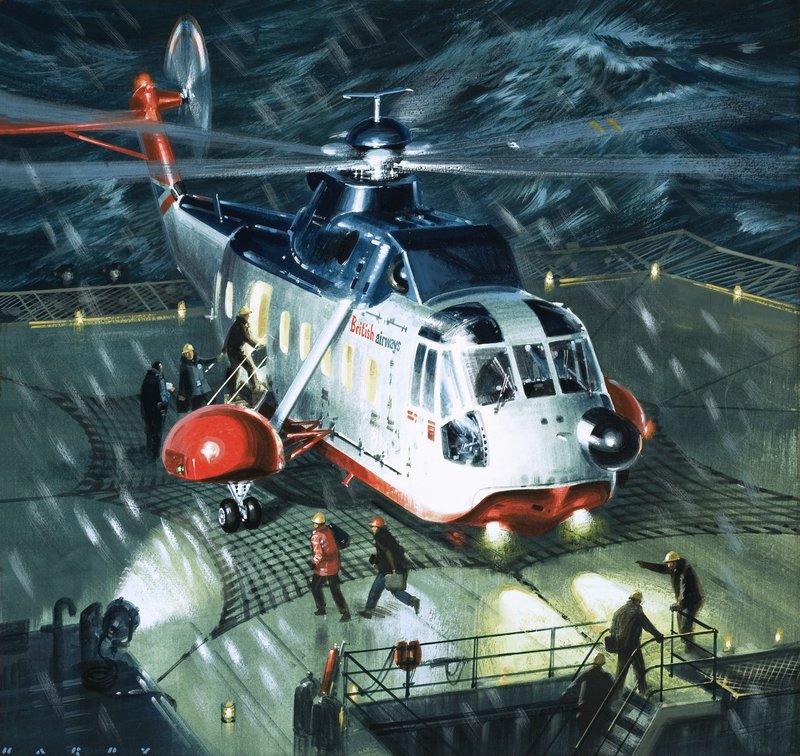 Az olajmezők veszélyes emberei. a British Airways S-61N helikoptere. alkotó: Wilf (20th century) Hardy