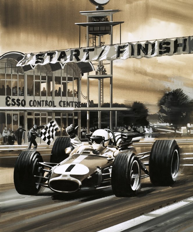 Jack Brabham felemelt hüvelykujjal győzött a Kanadai Nagydíj első futamán alkotó: Wilf (20th century) Hardy