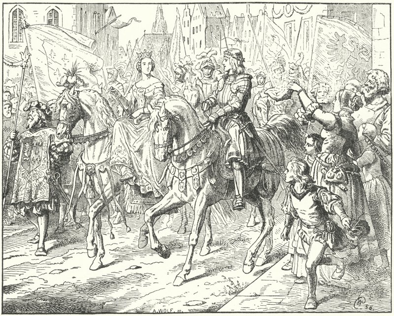Maximilian főherceg, a leendő I. Maximilianus római római császár menyasszonyával, Burgundi Máriával Gentben alkotó: Wilhelm Camphausen