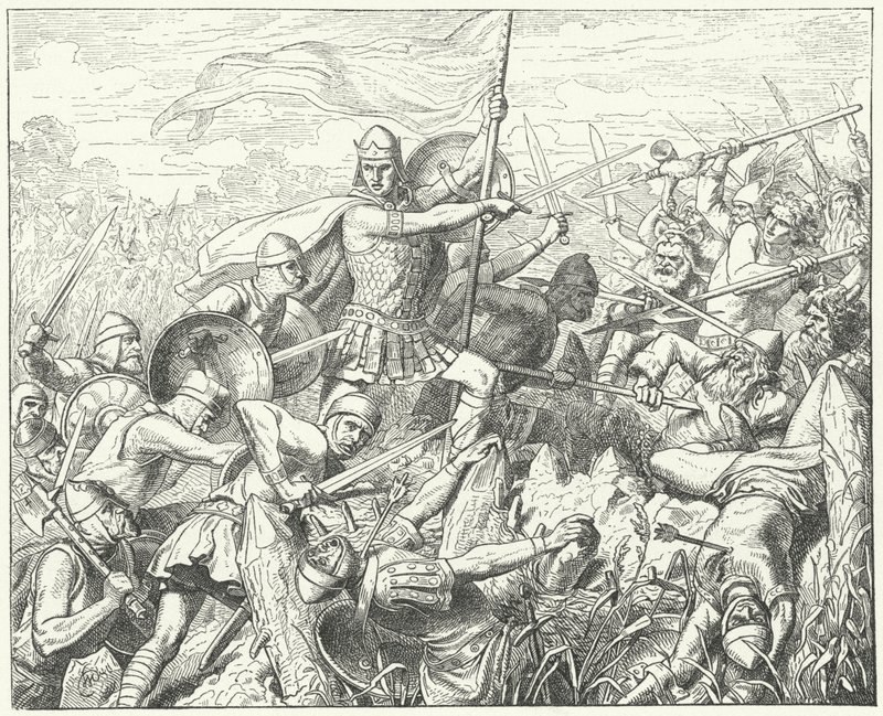 Karintiai Arnulf megrohamozza a normann védelmet a Dyle folyón, 891 (metszet) alkotó: Wilhelm Camphausen