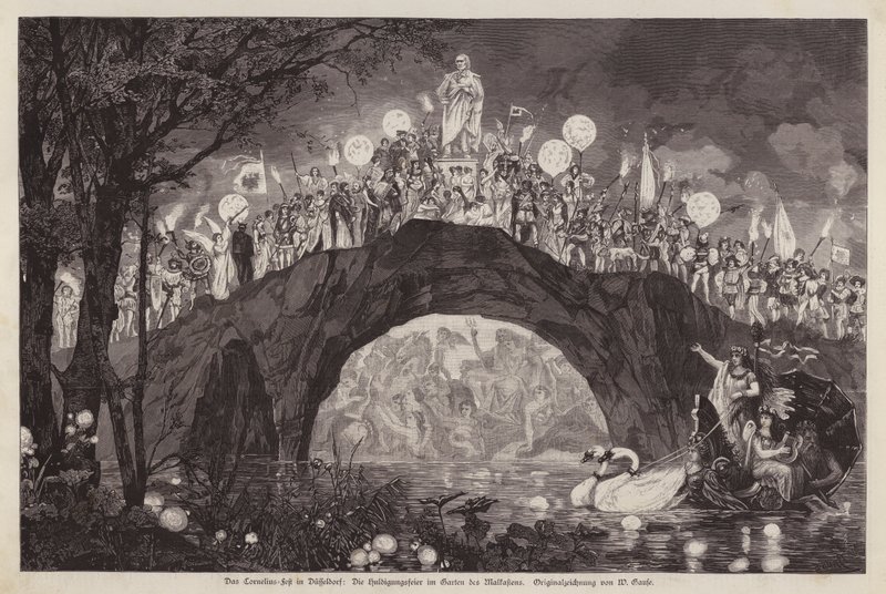 Peter von Cornelius művészt ünneplő fesztivál a Malkastenparkban, Düsseldorf, Németország (metszet) alkotó: Wilhelm Gause