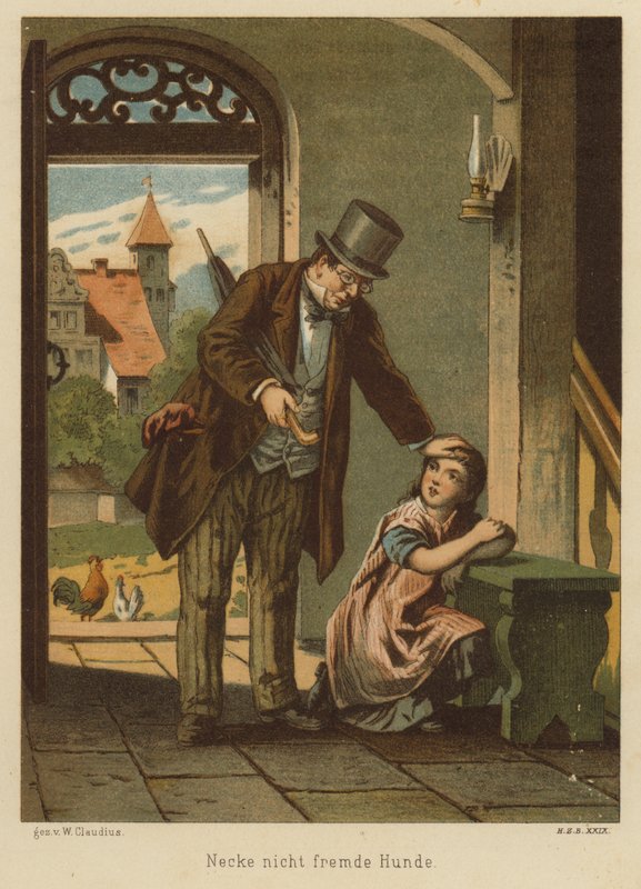 Apa vigasztalja lányát, miután elszenvedte a kutya ugratásának következményeit (színes litho) alkotó: Wilhelm Ludwig Heinrich Claudius