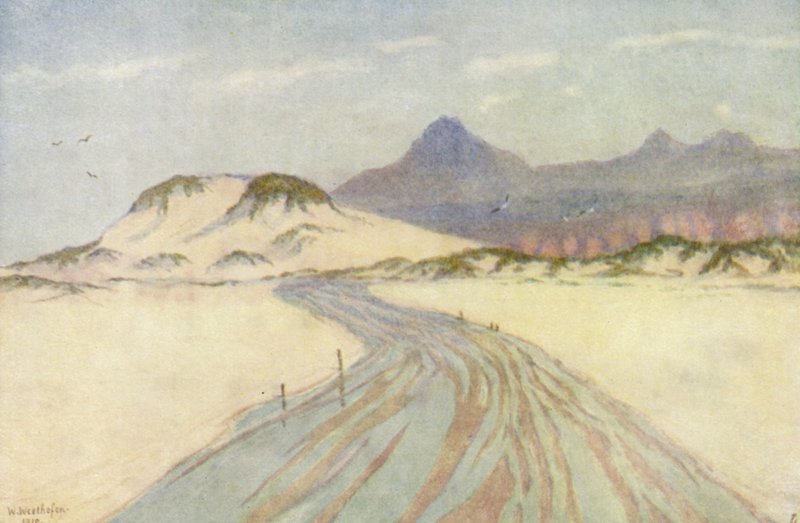 A Fish Hoek strandon, távolban a Nord Hoek-hegység (színes litográfia) alkotó: Wilhelm Westhofen