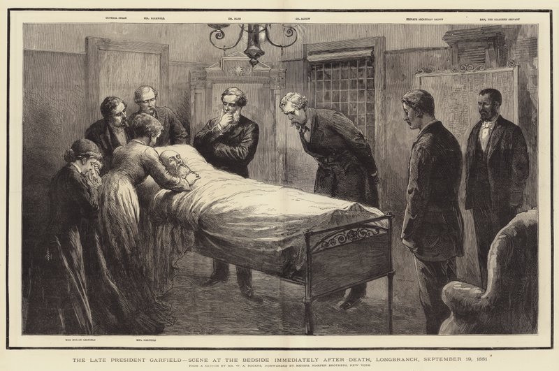 A néhai Garfield elnök, Scene at the Beside közvetlenül a halál után, Longbranch, 1881. szeptember 19. alkotó: William Allen Rogers