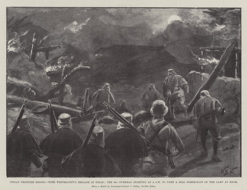 Indiai határfelkelés, Westmacott dandárjával Tirah-ban, a 3. Gurkha dandár hajnali 4 órakor indul, hogy elfoglaljon egy dombot a Bagh-i tábortól északkeletre. alkotó: William Barnes Wollen