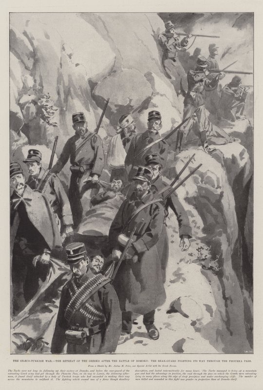 A görög-török háború, a görögök visszavonulása a domokói csata után, a Phourka-hágón átküzdő honvédség alkotó: William Barnes Wollen