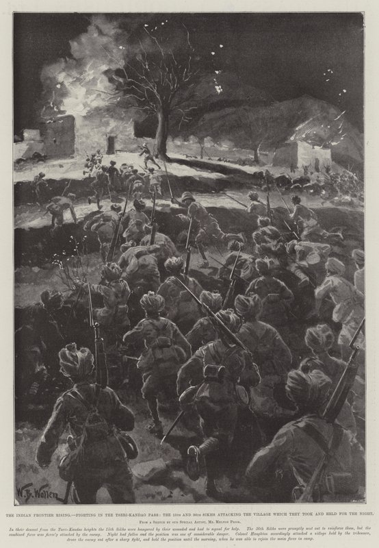 Az indiai határ felemelkedése, harc a Tseri-Kandao-hágóban, a 15. és 36. szikhek megtámadják a falut, amelyet elfoglaltak és éjszakára tartottak alkotó: William Barnes Wollen