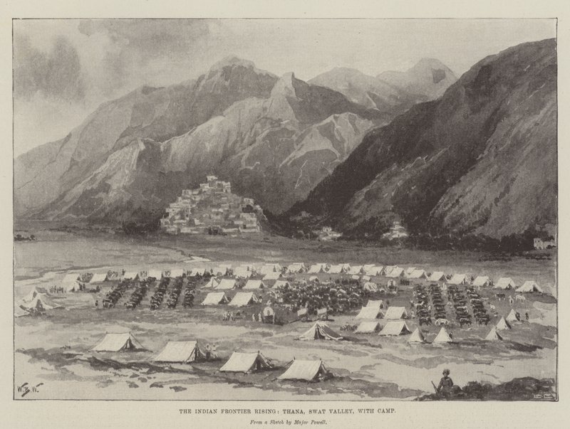 The Indian Frontier Rising, Thana, Swat Valley, táborral alkotó: William Barnes Wollen