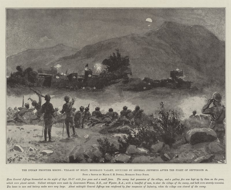 Az Indian Frontier Rising, Bilot falu, Mohmand Valley, amelyet Jeffreys tábornok foglalt el a szeptember 16-i harc után alkotó: William Barnes Wollen