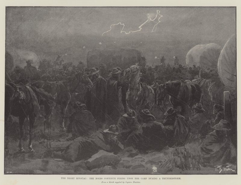 Az éjszakai bivak, a búrok továbbra is lőnek a táborra zivatar idején alkotó: William Barnes Wollen