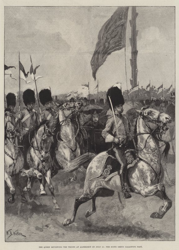 A királynő július 13-án Aldershotban a csapatokat vizsgálja felül, a skót szürkék galoppoznak el mellettük. alkotó: William Barnes Wollen