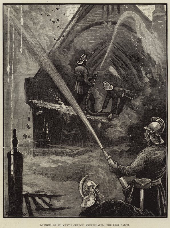 Leégett a Szent Mária-templom, Whitechapel, a keleti orom alkotó: William Bazett Murray