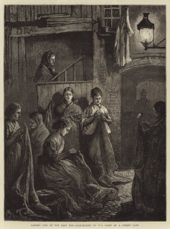 Londoni élet az East Enden, Zsákkészítés utcai lámpa fényében alkotó: William Bazett Murray