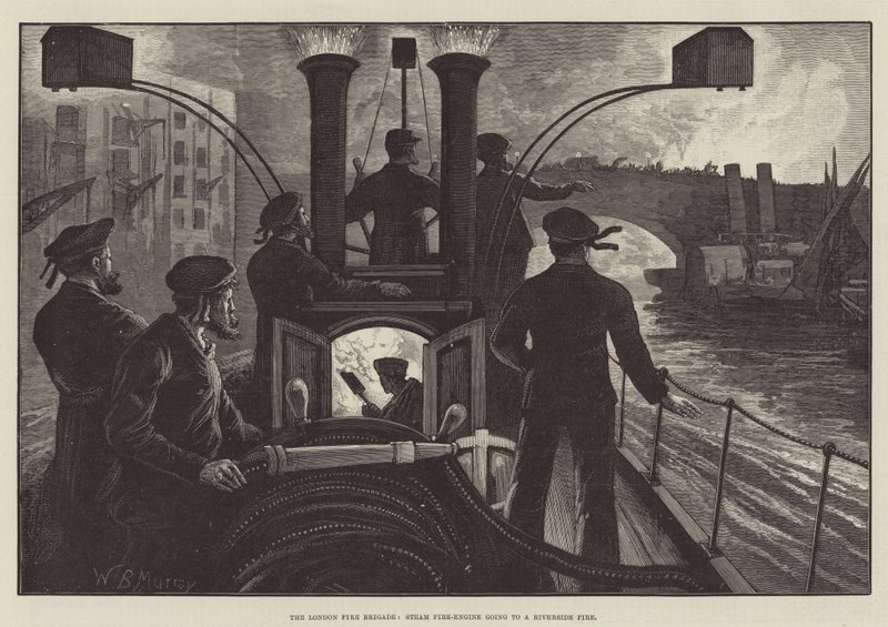 A London Fire Brigade, a Steam Fire-Engine egy folyóparti tűzhöz megy alkotó: William Bazett Murray