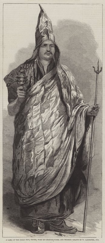 A thibeti Dalai-szekta egyik lámája imádkozó-kerekével és szigonyával alkotó: William Carpenter
