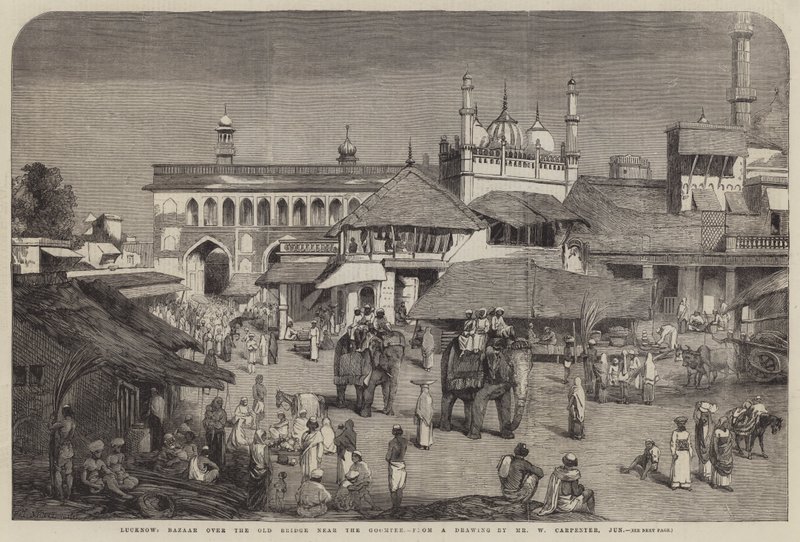 Lucknow, Bazár az Old Bridge felett, a Goomtee közelében alkotó: William Carpenter