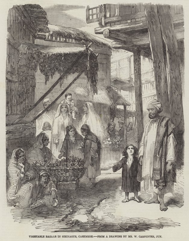 Zöldségbazár Sirinagurban, Kasmírban alkotó: William Carpenter