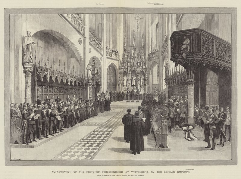 A felújított wittenbergi Schlosskirche felszentelése a német császár által alkotó: William Crimea Simpson