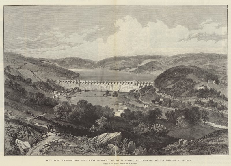 A Vyrnwy-tó, Montgomeryshire, Észak-Wales, amelyet a New Liverpool vízműhöz épített kőműves gát alakított ki. alkotó: William Crimea Simpson