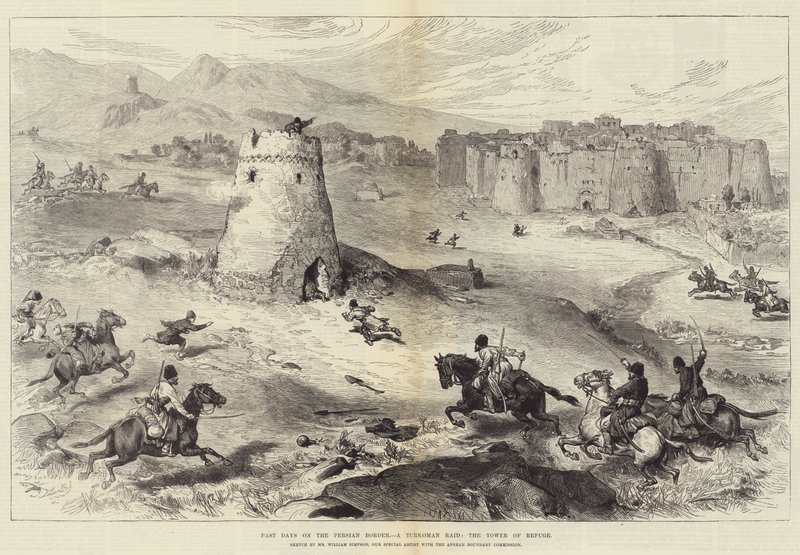 Elmúlt napok a perzsa határon, turkomán rajtaütés, a menedék tornya alkotó: William Crimea Simpson