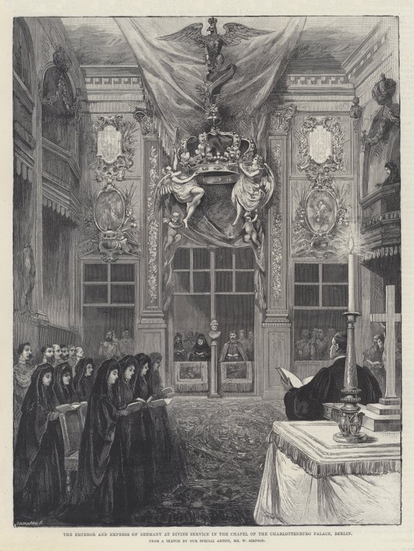 A német császár és császárné istentiszteleten a Charlottenburg-palota kápolnájában, Berlinben alkotó: William Crimea Simpson