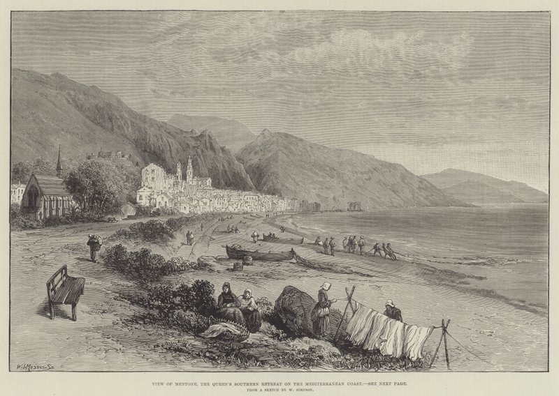Kilátás Mentone-ra, a királynő déli menedékhelyére a Földközi-tenger partján alkotó: William Crimea Simpson