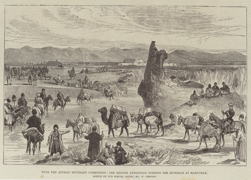 Az afgán határbizottsággal együtt a brit expedíció Maruchaknál átkelt a Murghabon. alkotó: William Crimea Simpson