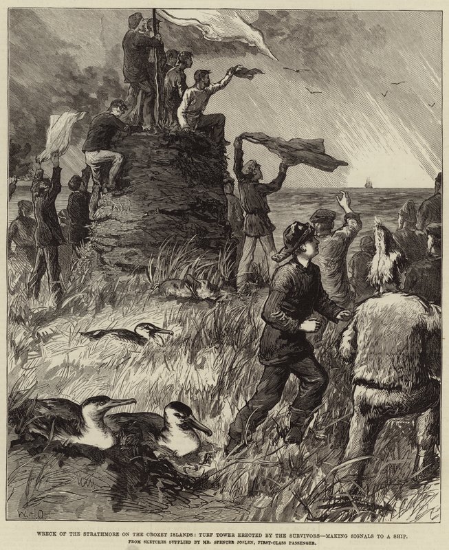 A Strathmore roncsa a Crozet-szigeteken, Turf Tower, amelyet a túlélők emeltek, jeleket adva egy hajónak alkotó: William Heysham Overend