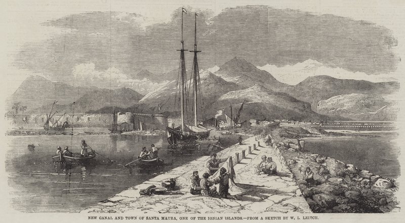 Új csatorna és Santa Maura városa, a Jón-szigetek egyike alkotó: William Leighton Leitch