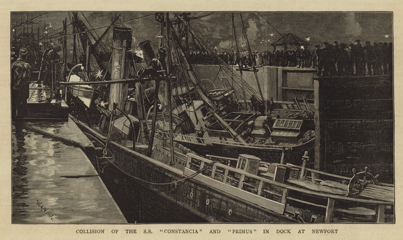 Az SS Constancia és a Primus ütközése a dokkban Newportban alkotó: William Lionel Wyllie