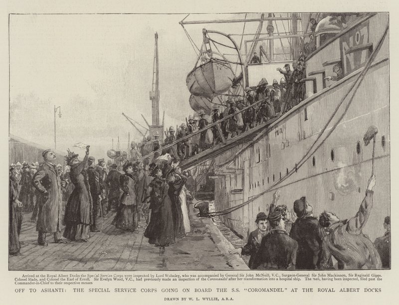 Elindul Ashantiba, a Különleges Szolgálati Testület az SS Coromandel fedélzetére a Royal Albert Docksban alkotó: William Lionel Wyllie