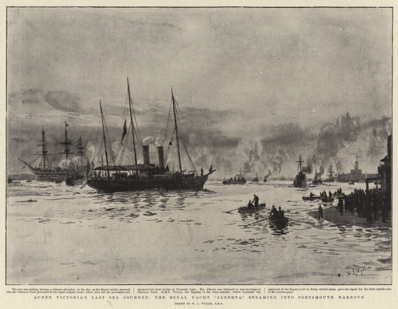 Viktória királynő utolsó tengeri utazása, a Royal Yacht Alberta, begőzölögve Portsmouth kikötőjébe alkotó: William Lionel Wyllie