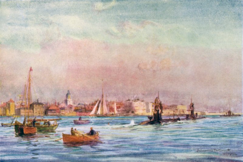Tengeralattjárók elhagyják Portsmouth kikötőjét alkotó: William Lionel Wyllie