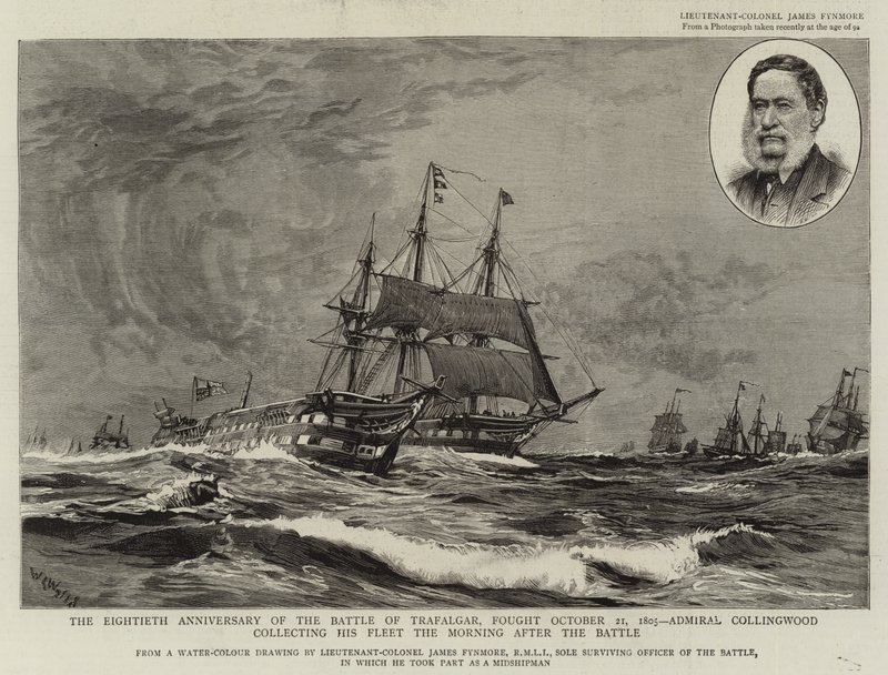 Az 1805. október 21-én vívott trafalgari csata nyolcvanadik évfordulója, Collingwood admirális összegyűjti flottáját a csata utáni reggelen. alkotó: William Lionel Wyllie