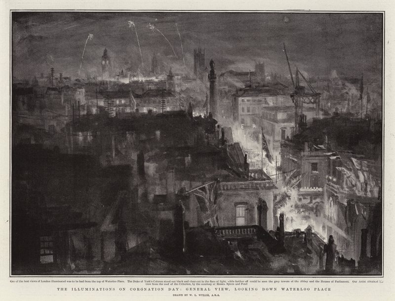 A megvilágítás a koronázás napján, általános nézet, lenézve a Waterloo Place-re alkotó: William Lionel Wyllie