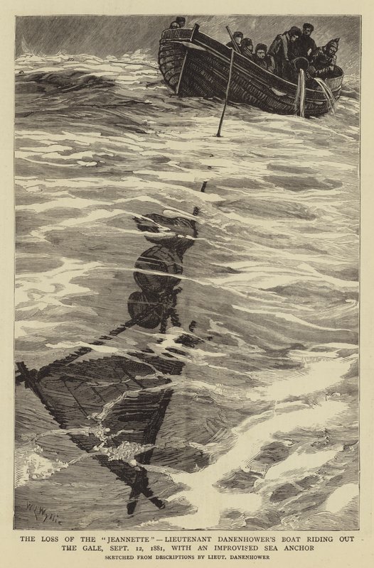 Jeannette elvesztése, Danenhower hadnagy hajója kilovagol a Gale-n, 1881. szeptember 12., rögtönzött tengeri horgonyral alkotó: William Lionel Wyllie