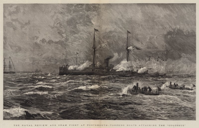 A Naval Review és a Sham harc Portsmouthban, Torpedóhajók támadása a Colossus ellen alkotó: William Lionel Wyllie