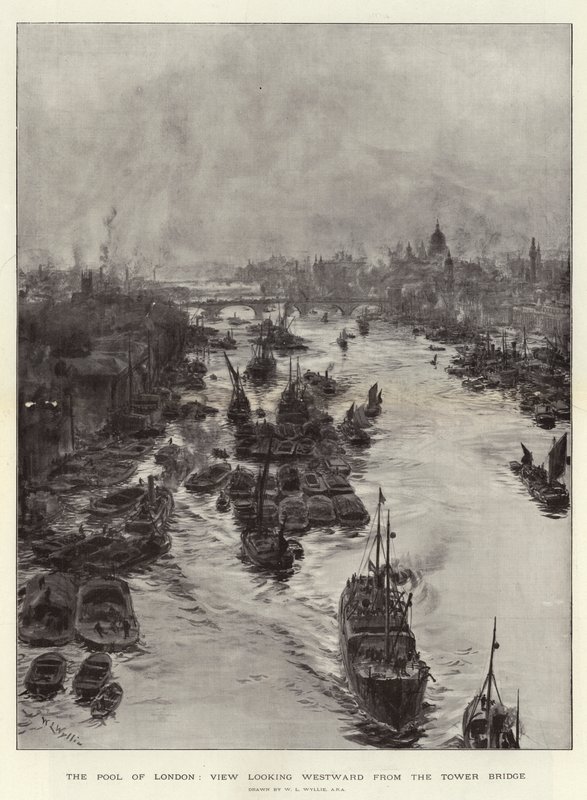 A londoni medence, a Tower hídról nyugatra néző nézet alkotó: William Lionel Wyllie