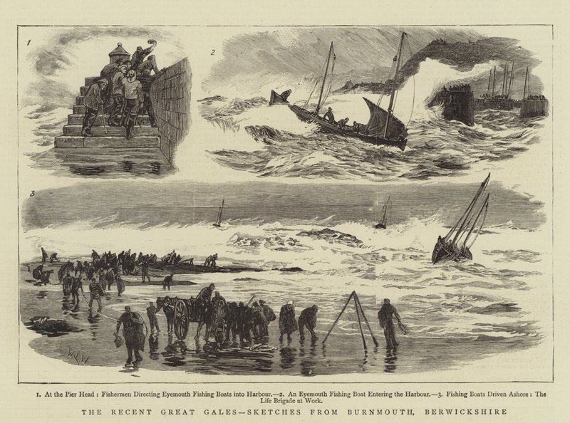 A legutóbbi nagy gales, vázlatok Burnmouthból, Berwickshire-ből alkotó: William Lionel Wyllie