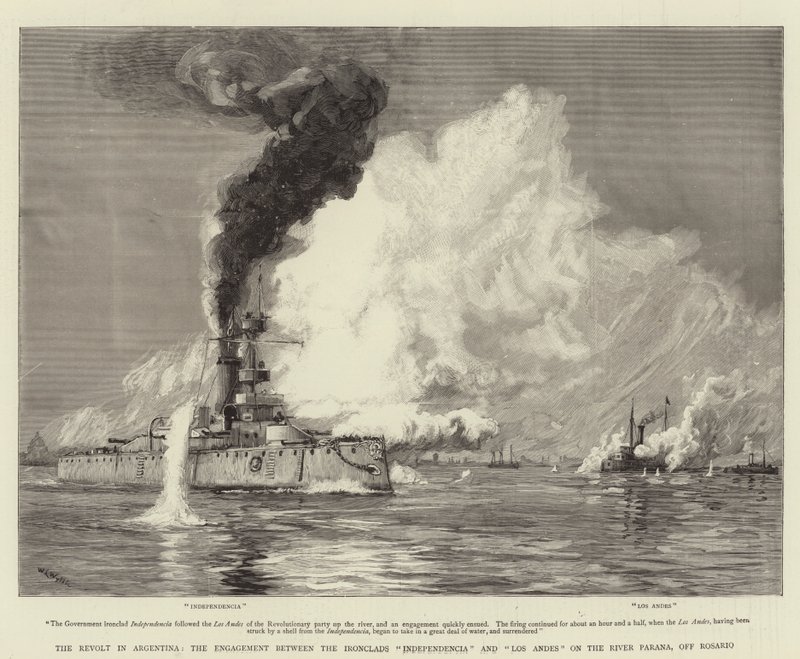 A lázadás Argentínában, az Ironclads Independencia és Los Andes eljegyzése a Parana folyón, Rosario mellett alkotó: William Lionel Wyllie