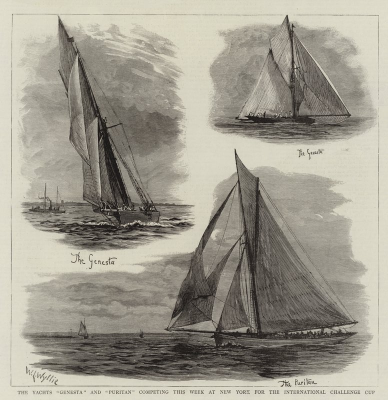 A Genesta és a Puritan jachtok versenyeznek ezen a héten New Yorkban a Nemzetközi Challenge Kupáért. alkotó: William Lionel Wyllie